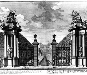 Der Kupferstich von 1727 zeigt das ehemalige Portal des Fasanengartens von Schloss Favorite Ludwigsburg