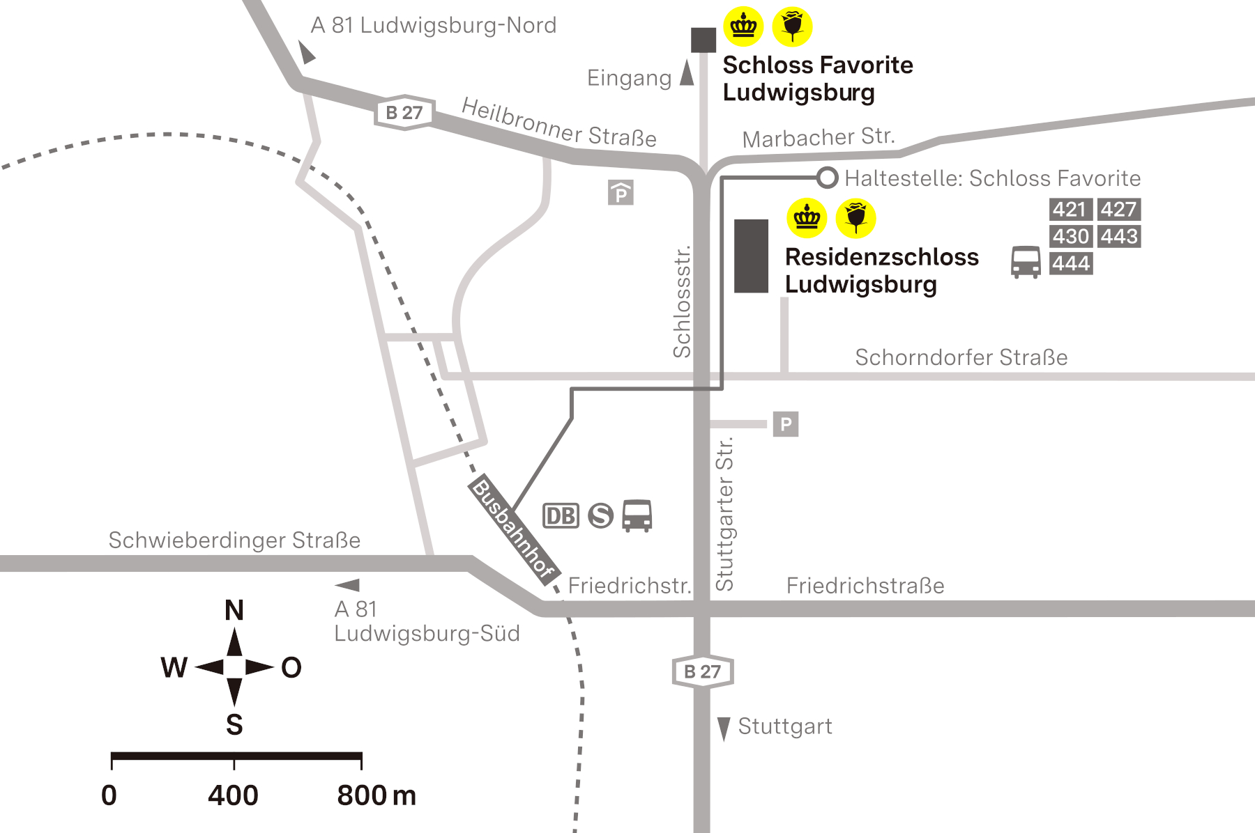 Anfahrtsskizze zum Schloss Favorite Ludwigsburg