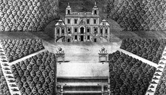 Aufriss von Park und Schloss Favorite Ludwigsburg, Kupferstich von Jacob Wangner